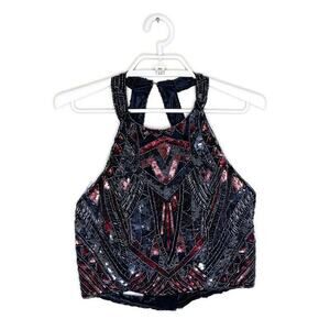 PRIMAVERA Women's Red Black Hand Beaded Sequin Halter Top Festival Boho‎ Sz 12